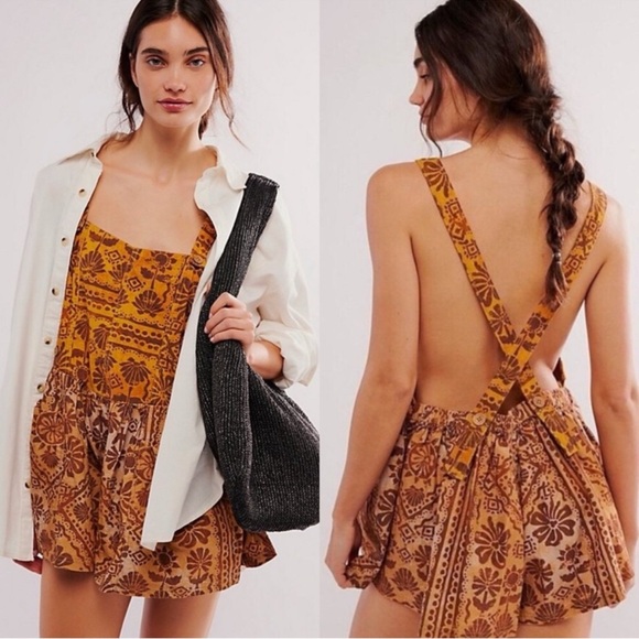 Free People Palm Bay Printed Shortalls Romper Brown /...